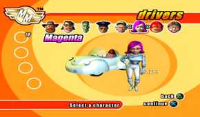 A screenshot from the game Micro Machines, showing the game's character selection screen, with Magenta, a character wearing a white full-body suit on display.