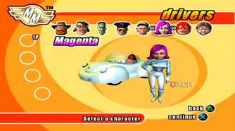 A screenshot from the game Micro Machines, showing the game's character selection screen, with Magenta, a character wearing a white full-body suit on display.