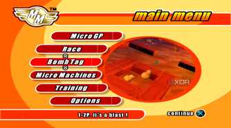 A screenshot from the game Micro Machines, showing the game's main menu.
