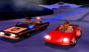 A screenshot from the game Micro Machines, showing a police car and a red coupe ready to race each other.