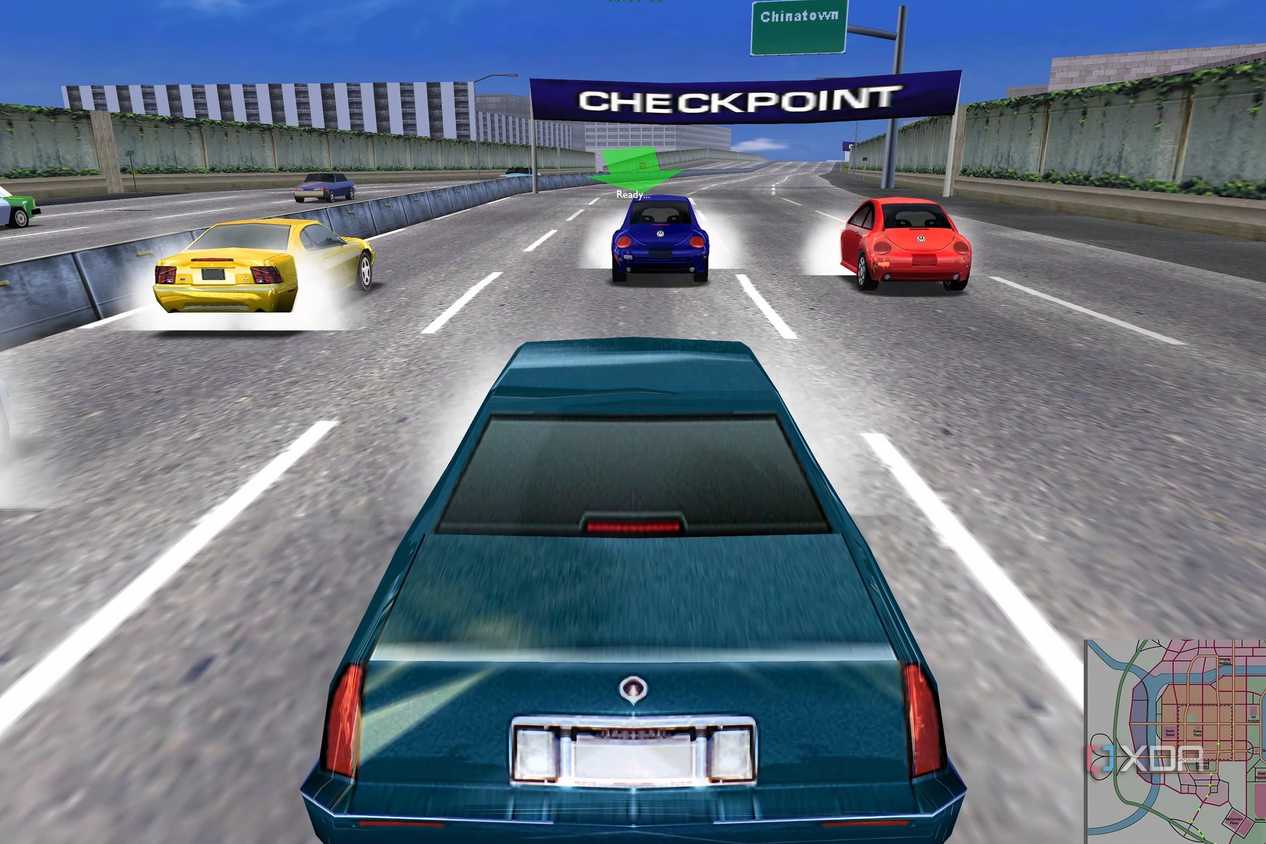 A screenshot from the game Midtown Madness, showing a blue Cadillac car racing other cars on the highway.