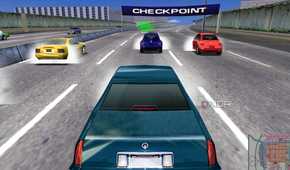 A screenshot from the game Midtown Madness, showing a blue Cadillac car racing other cars on the highway.