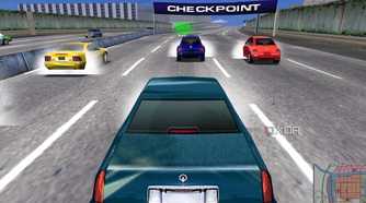 A screenshot from the game Midtown Madness, showing a blue Cadillac car racing other cars on the highway.