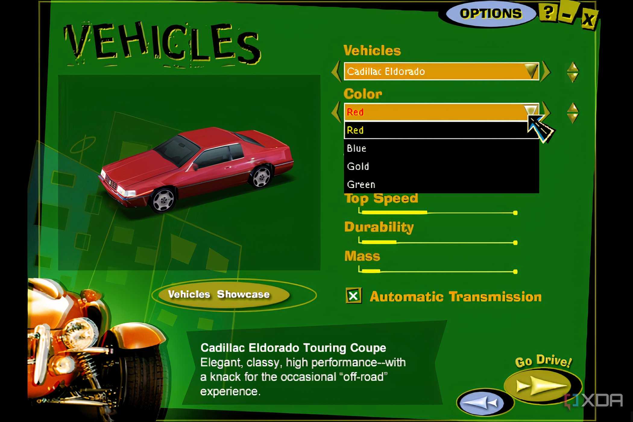 A screenshot from the game Midtown Madness, showing the game's car-select menu.
