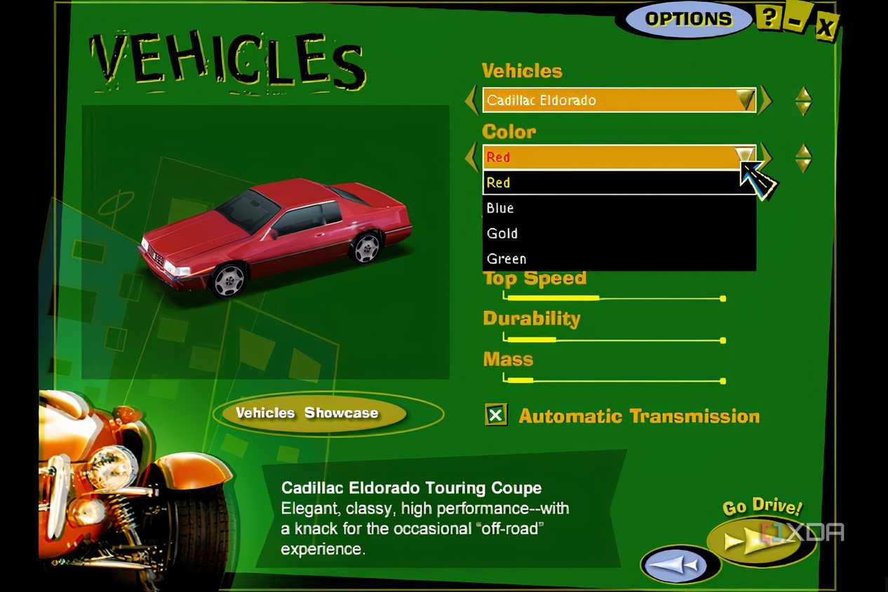 A screenshot from the game Midtown Madness, showing the game's car-select menu.
