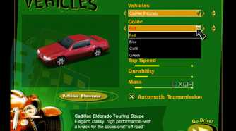 A screenshot from the game Midtown Madness, showing the game's car-select menu.