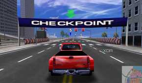 A screenshot from the game Midtown Madness, showing a red Ford F-350 truck racing towards a checkpoint.