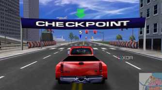 A screenshot from the game Midtown Madness, showing a red Ford F-350 truck racing towards a checkpoint.