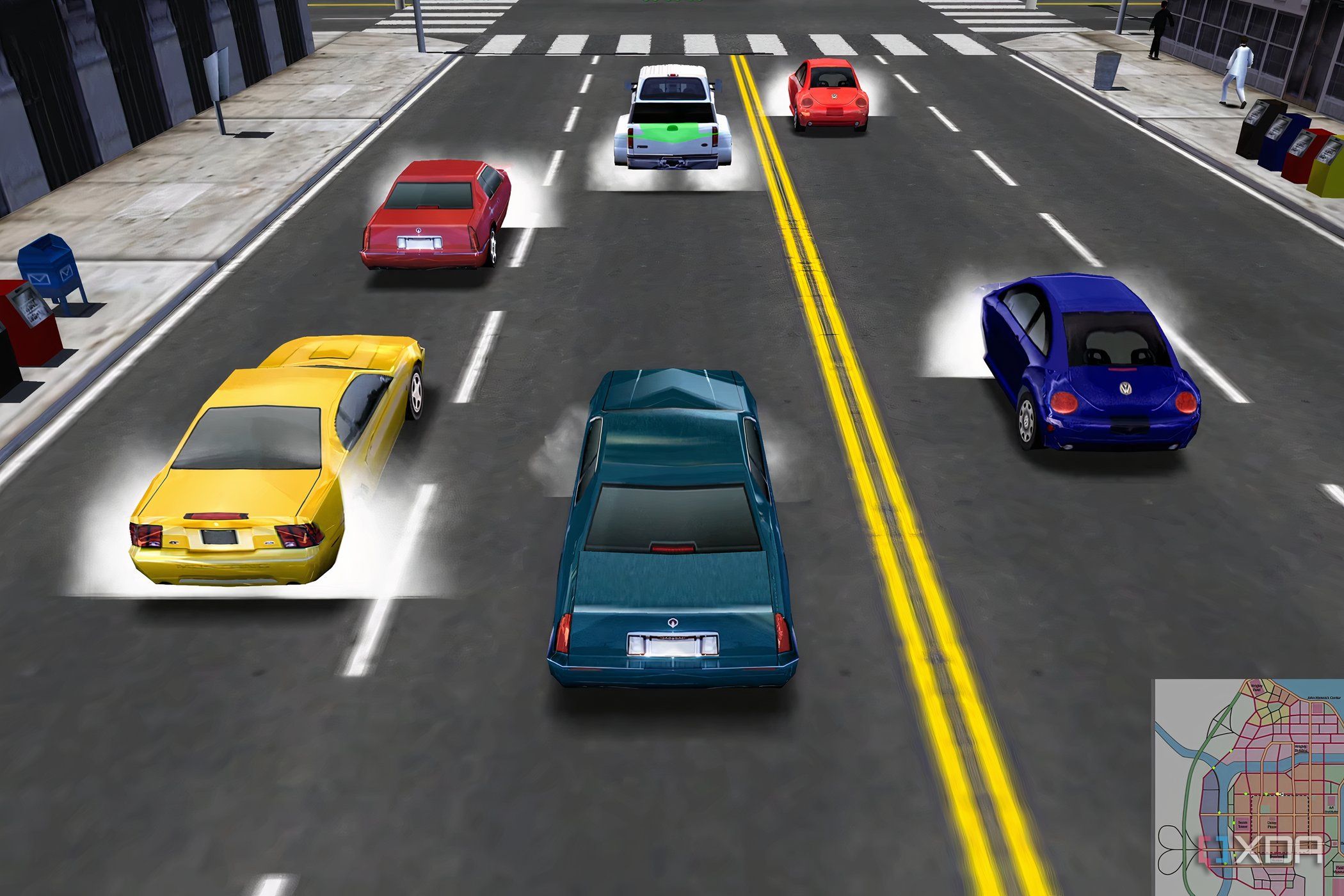 A screenshot from the game Midtown Madness, showing cars readying up for a race in the game.