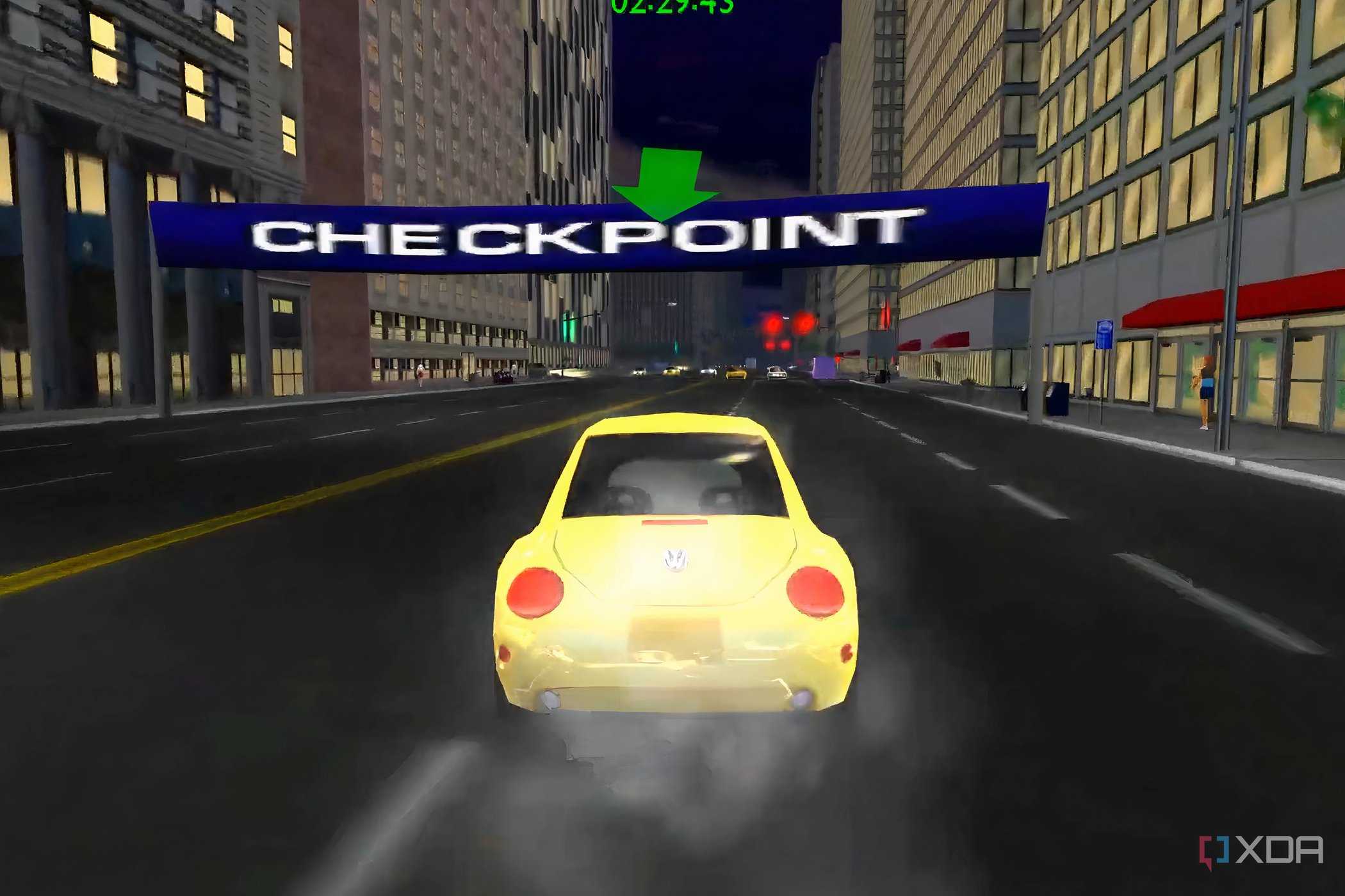 A screenshot from the game Midtown Madness, showing a yellow Volkswagen Beetle racing at night.