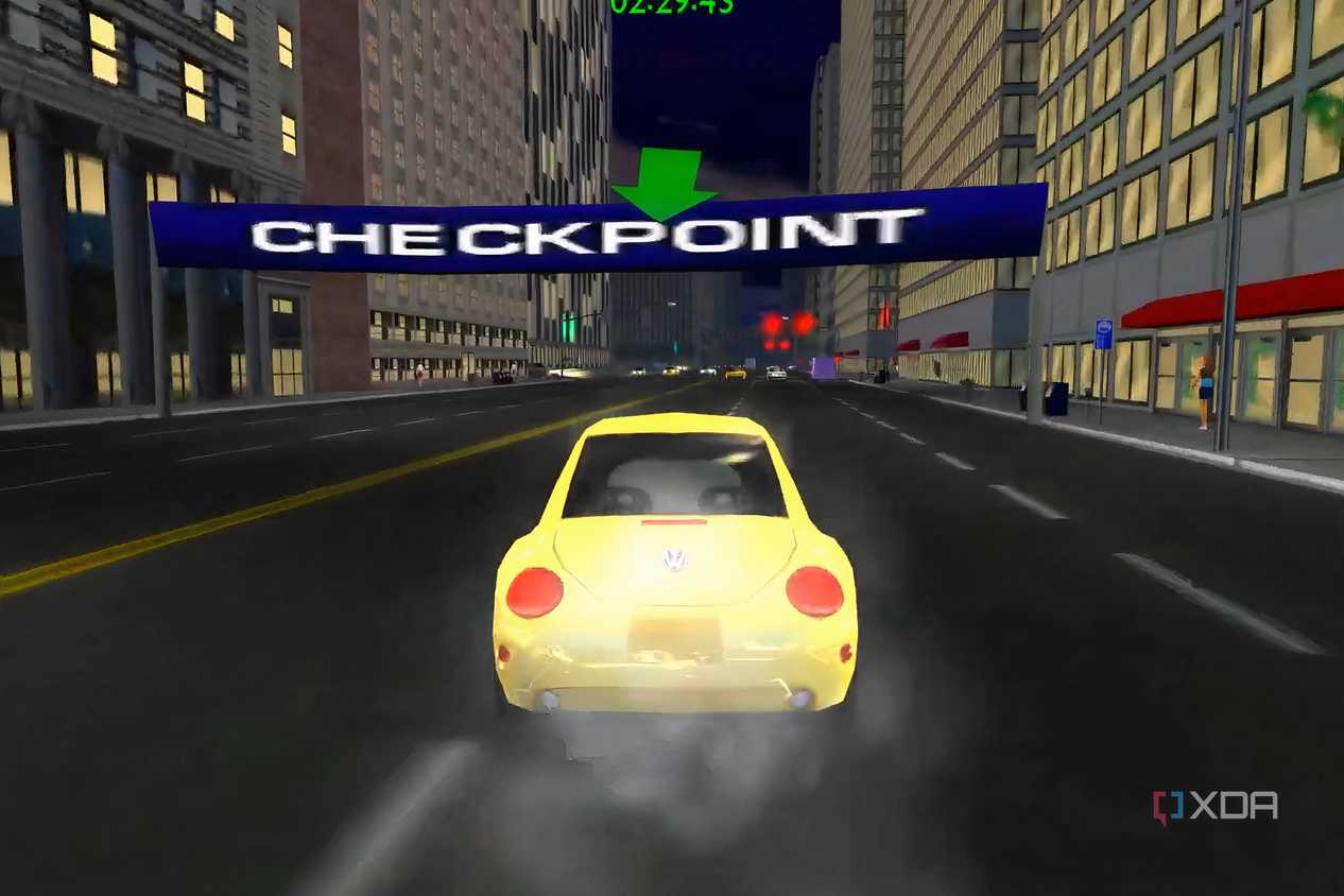 A screenshot from the game Midtown Madness, showing a yellow Volkswagen Beetle racing at night.