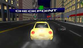 A screenshot from the game Midtown Madness, showing a yellow Volkswagen Beetle racing at night.