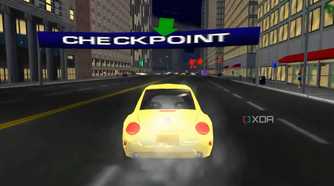 A screenshot from the game Midtown Madness, showing a yellow Volkswagen Beetle racing at night.