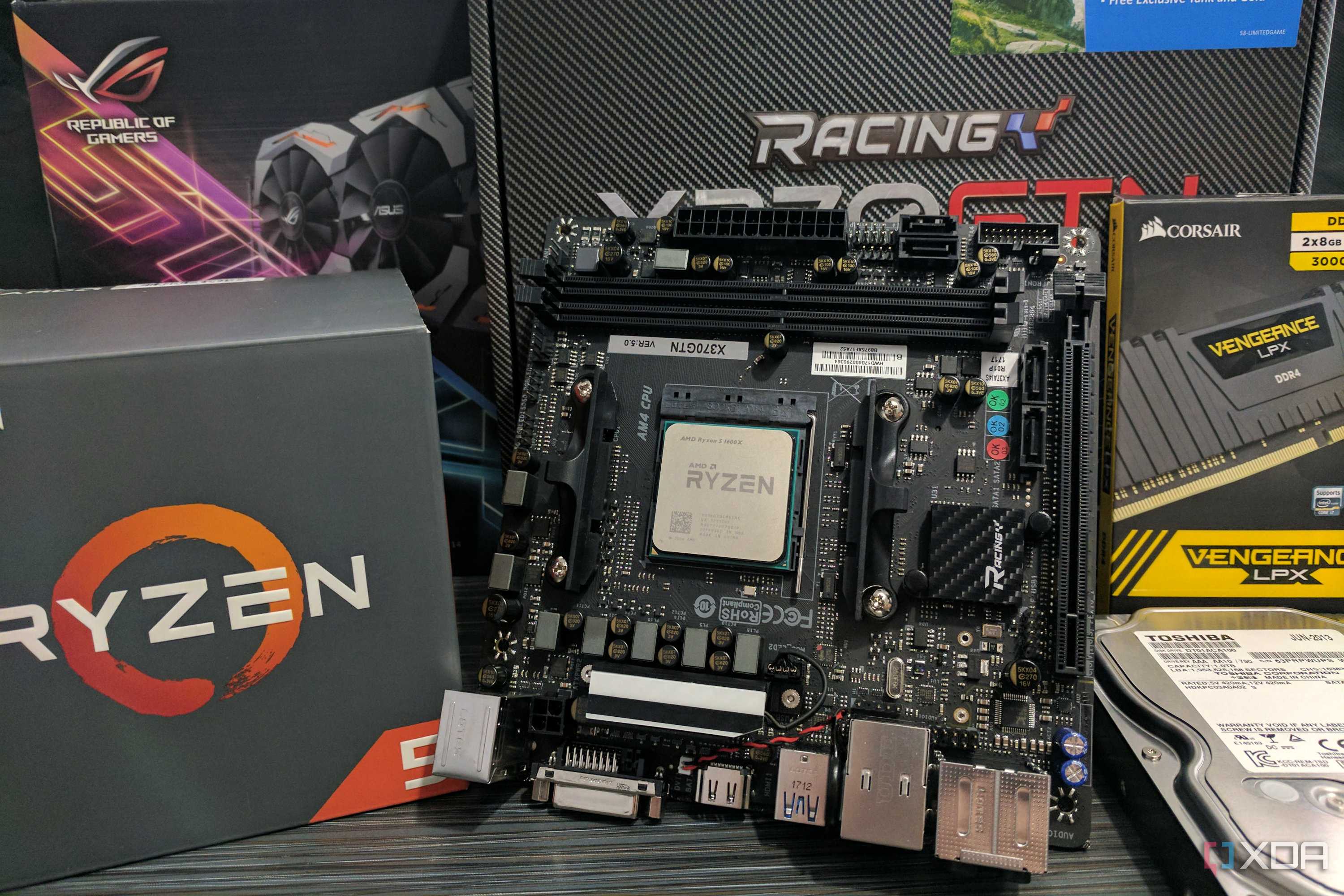 An AMD AM4 motherboard with a CPU installed onto it.