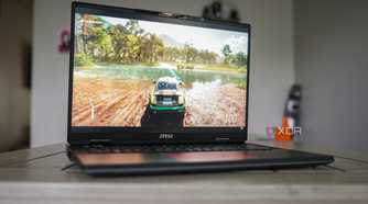 MSI Titan 18 gaming laptop on a gray table.