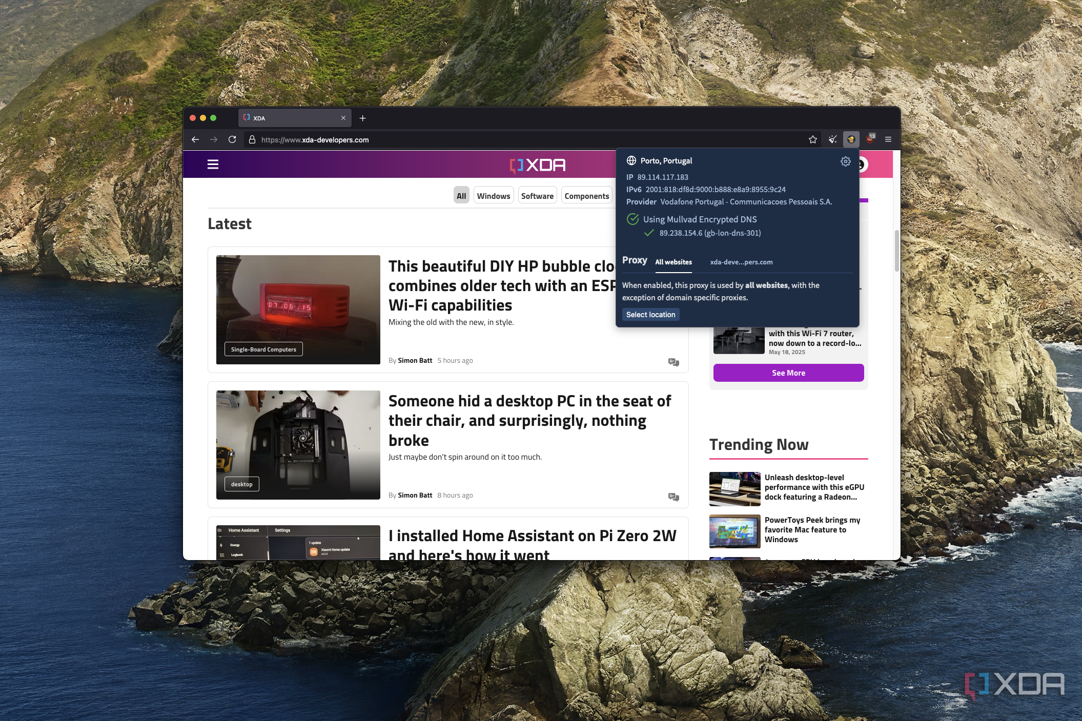 Screenshot of Mullvad Browser showing the XDA homepage with a flyout for Mullvad DNS settings open over it