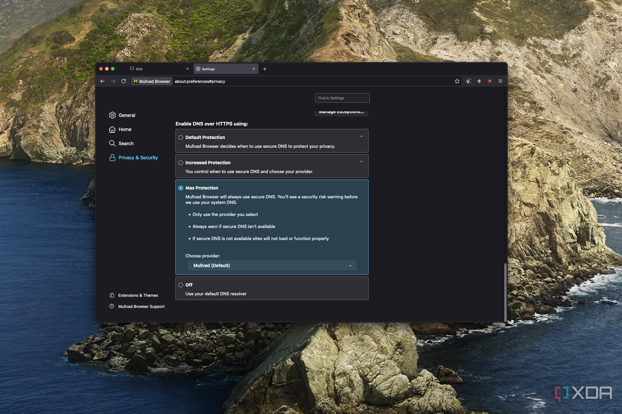 Screenshot of Mullvad settings showing DNS over HTTPS settings using Mullvad DNS