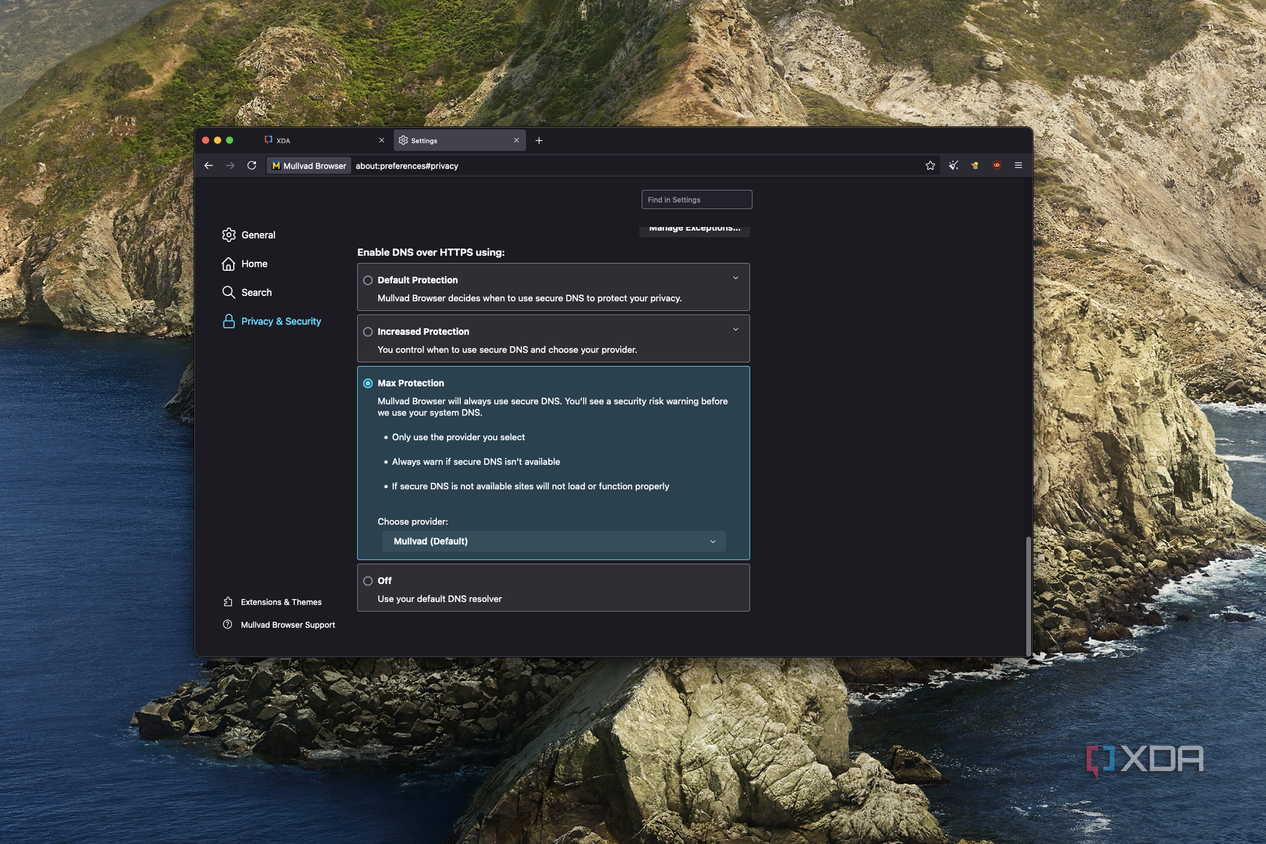 Screenshot of Mullvad settings showing DNS over HTTPS settings using Mullvad DNS