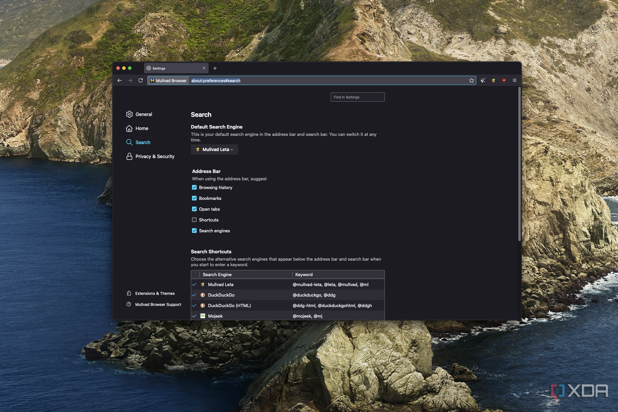 Screenshot of Mullvad Browser search settings showing the Mullvad search engine as the default