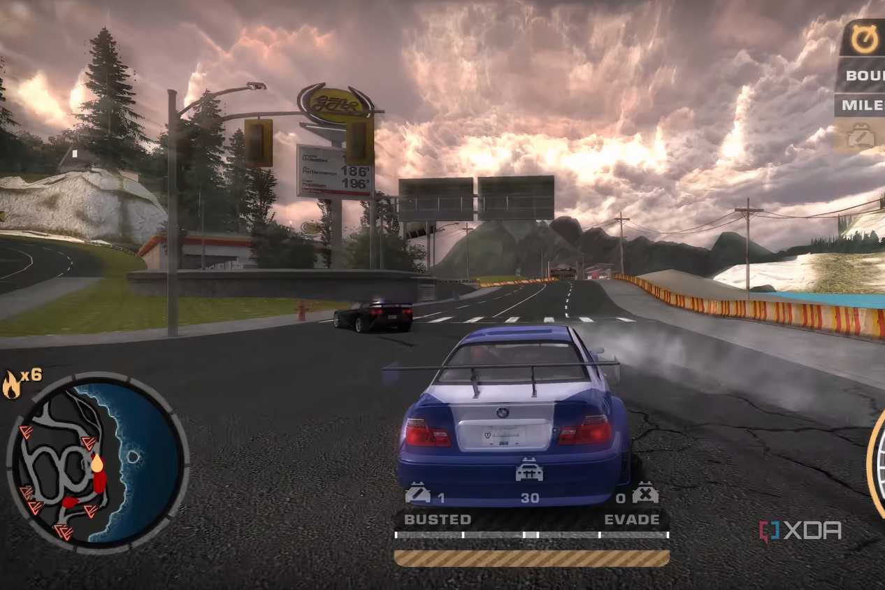The BMW M3 GTR being chased by cops in Need for Speed: Most Wanted.