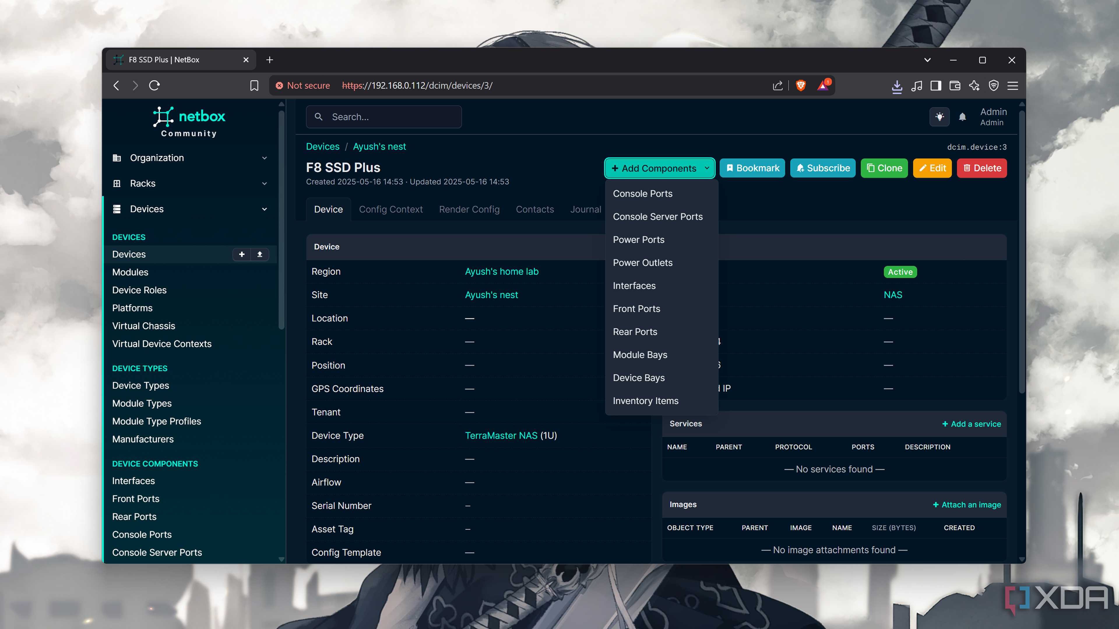 Adding components to a device in NetBox