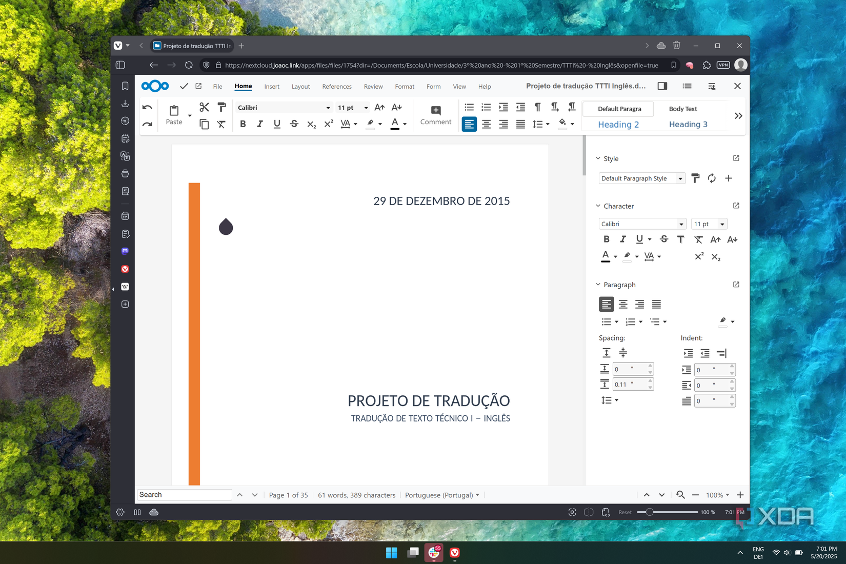 Captura de pantalla de un documento de Word abierto en Nextcloud Office
