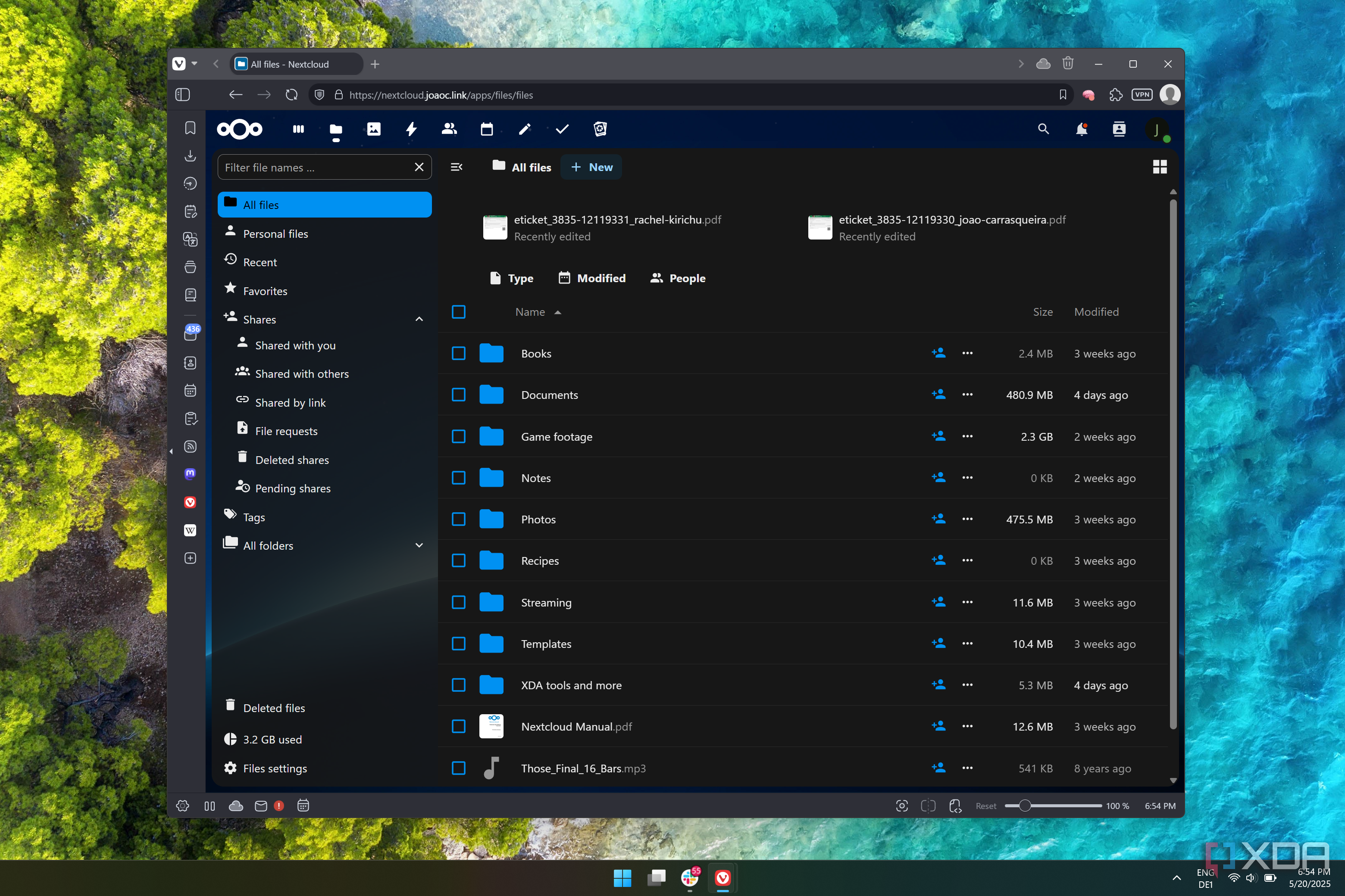 Screenshot of Nextcloud showing files stored on the server