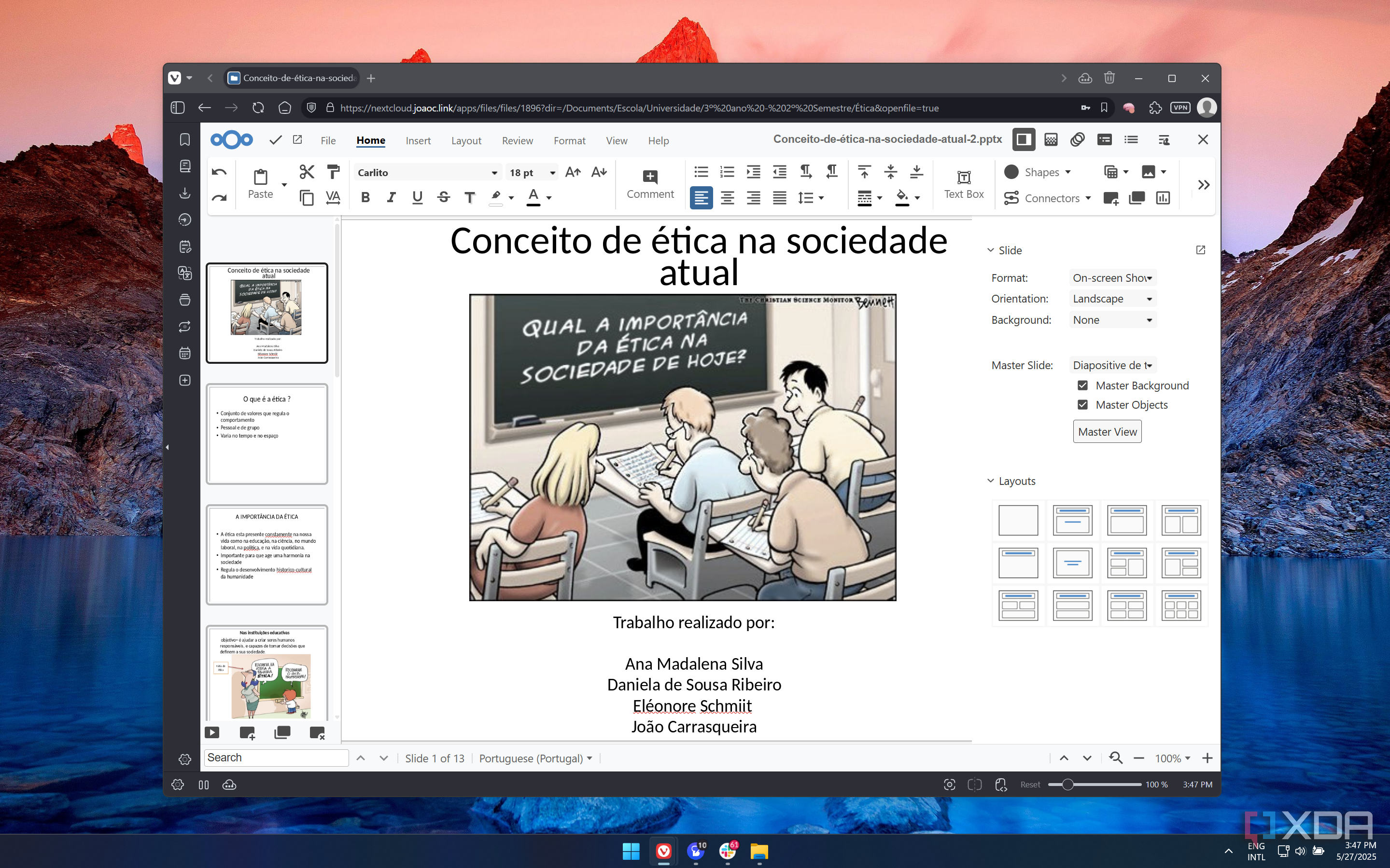 Screenshot of a slideshow presentation open in Nextcloud Office showing slide formatting options