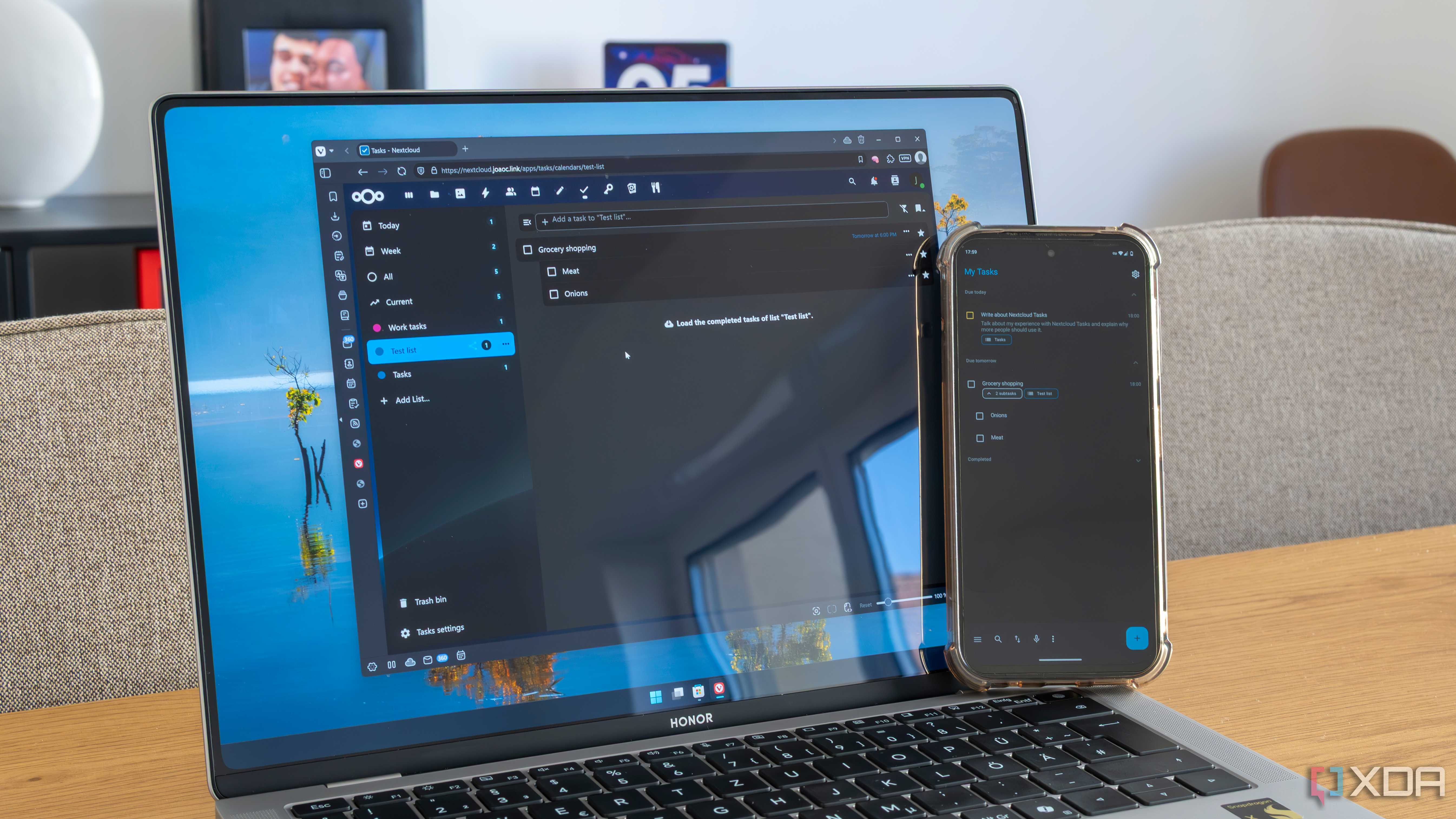 A laptop running Nextcloud Tasks in Vivaldi next to a phone showing the same tasks using the Tasks.org app