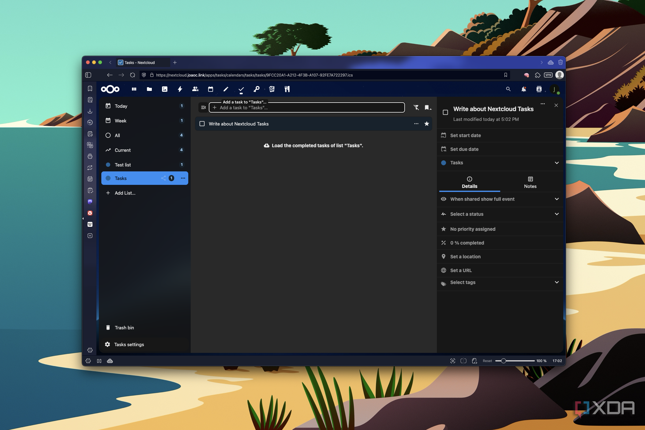 Screenshot of Nextcloud Tasks running in Vivaldi showing task details for a given task
