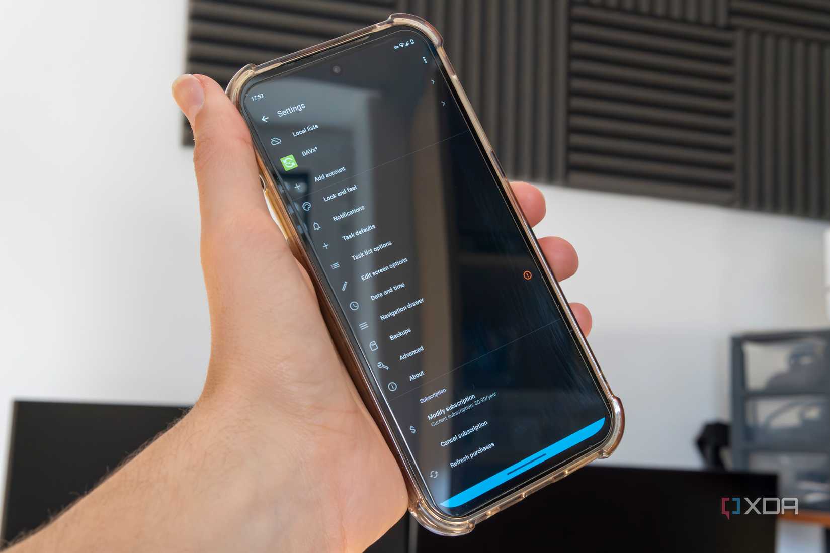 An Android phone showing the settings screen for Tasks.org with a pro subscription enabled