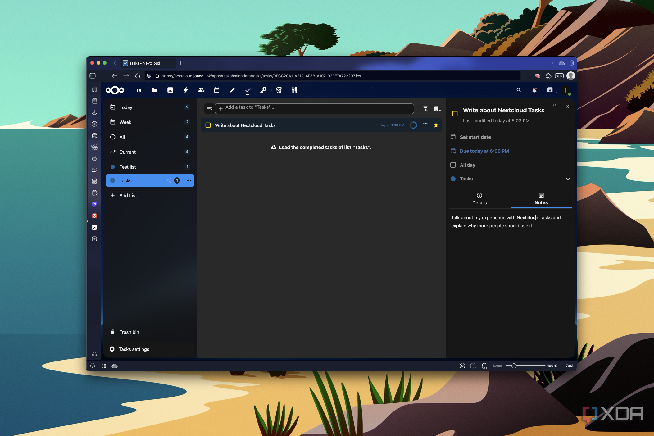 Screenshot of Nextcloud Tasks running in Vivaldi showing task details for a given task, including the Notes field