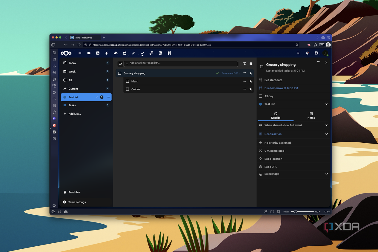 Screenshot of Nextcloud Tasks running in Vivaldi showing a task list containing a task with two subtasks