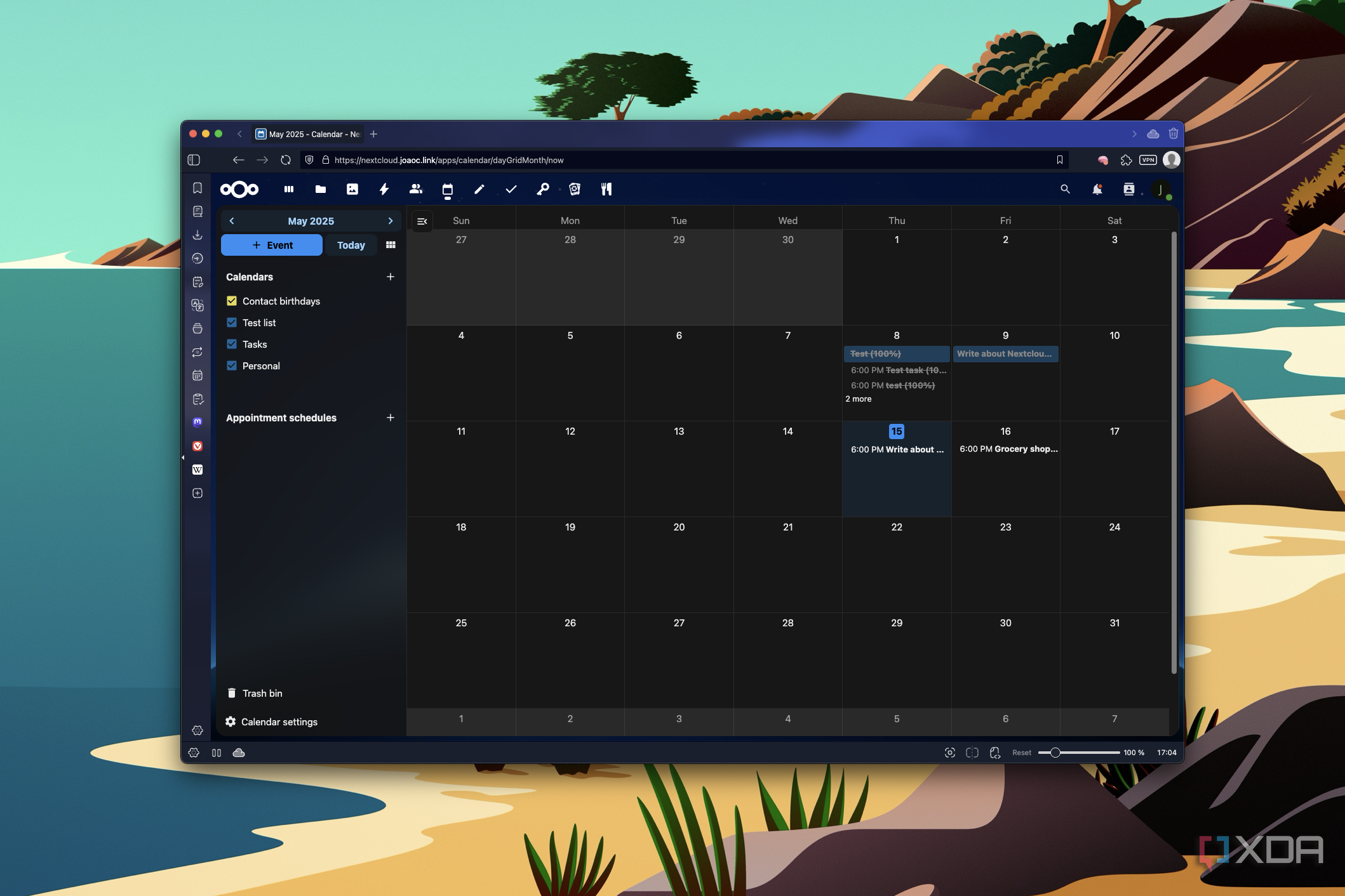 Screenshot of Nextcloud running in Vivaldi showing the calendar with items from Nextcloud Tasks