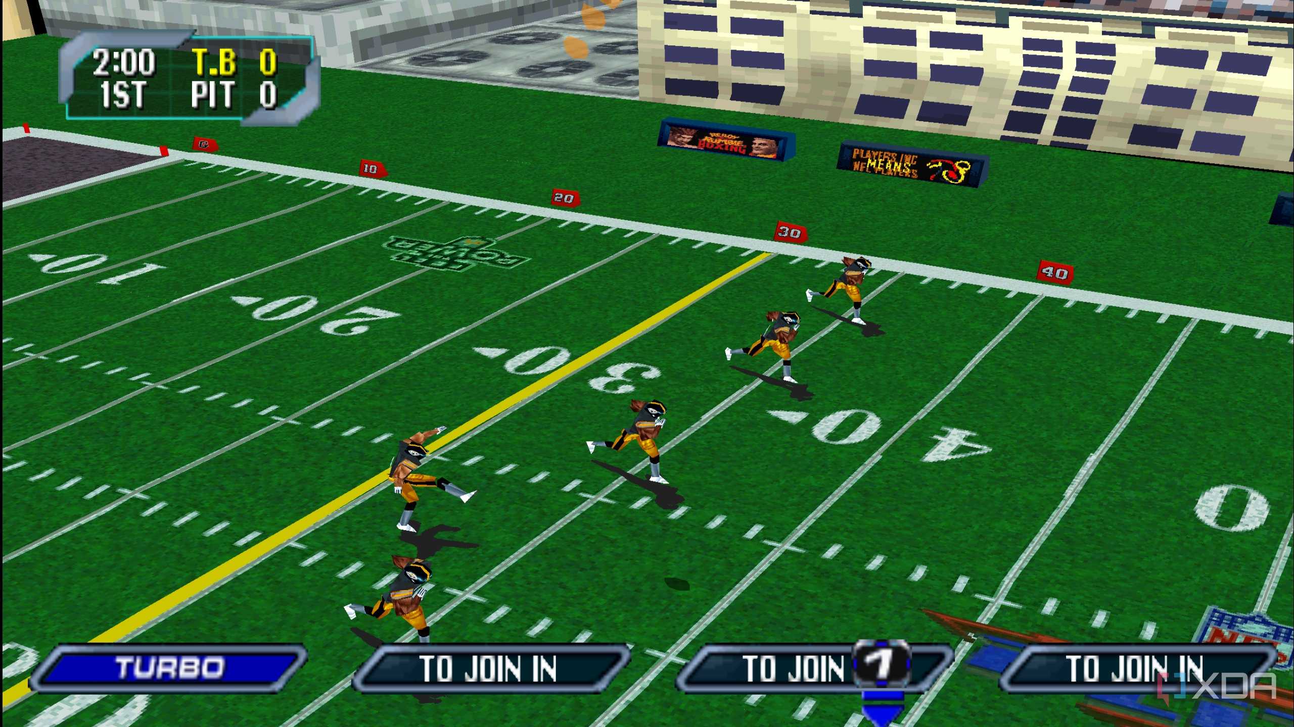 A gameplay screenshot on the field in NFL Blitz 2000.