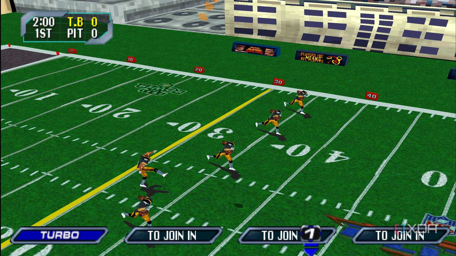 A gameplay screenshot on the field in NFL Blitz 2000.