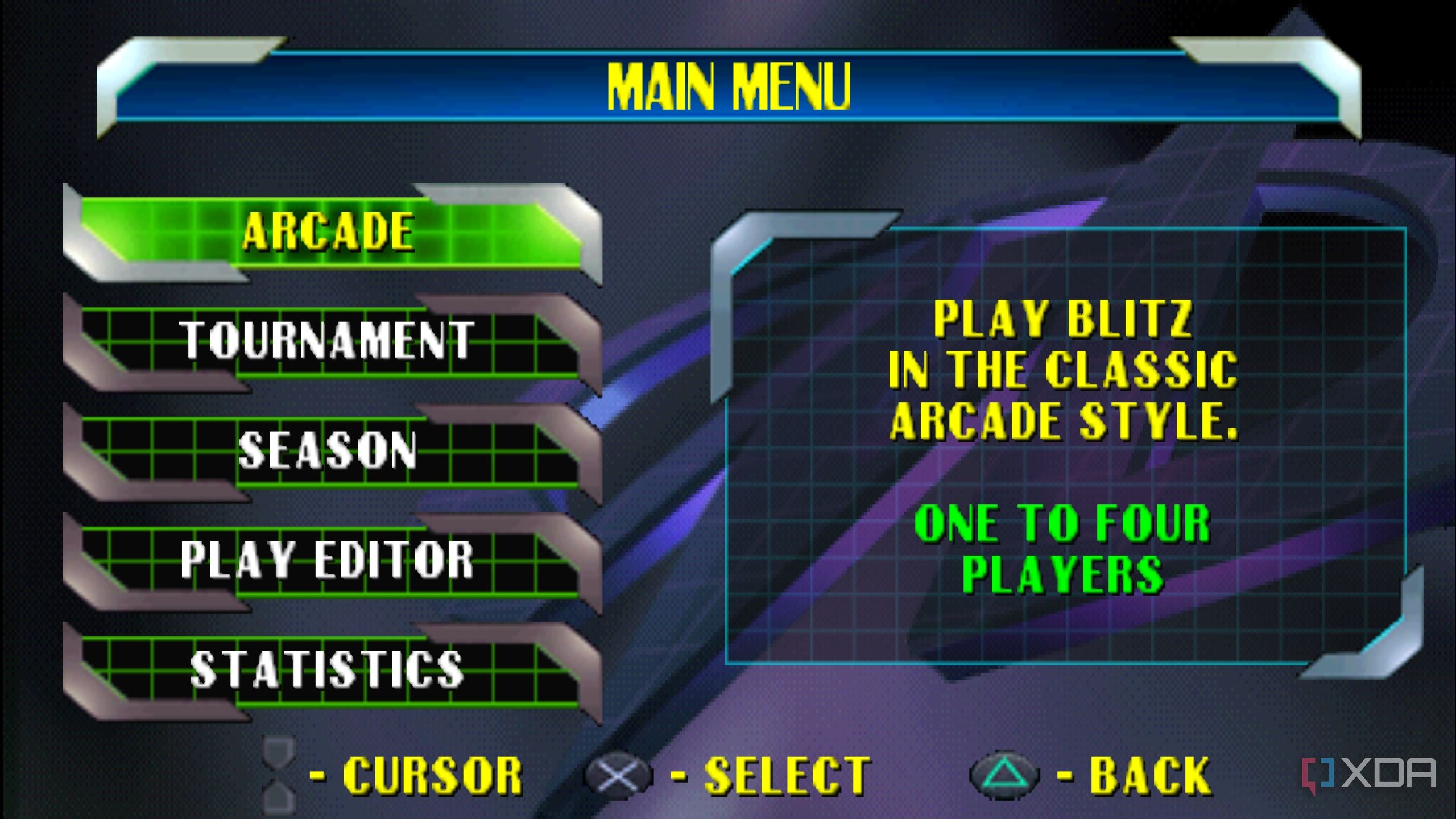 The main menu in NFL Blitz 2000.
