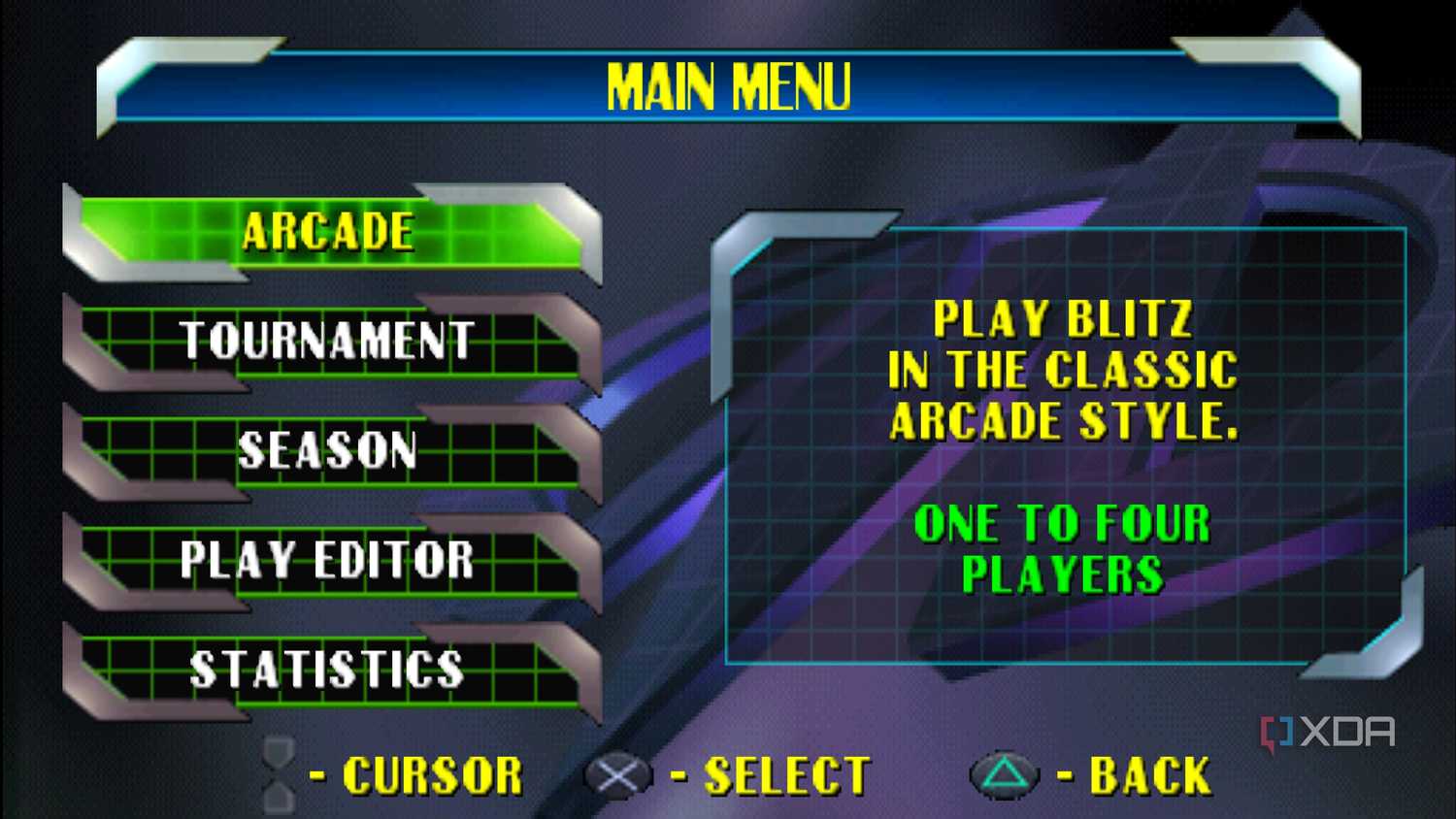 The main menu in NFL Blitz 2000.