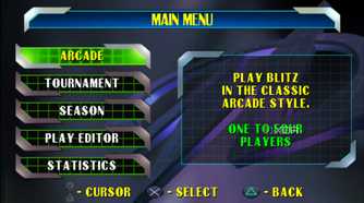 The main menu in NFL Blitz 2000.