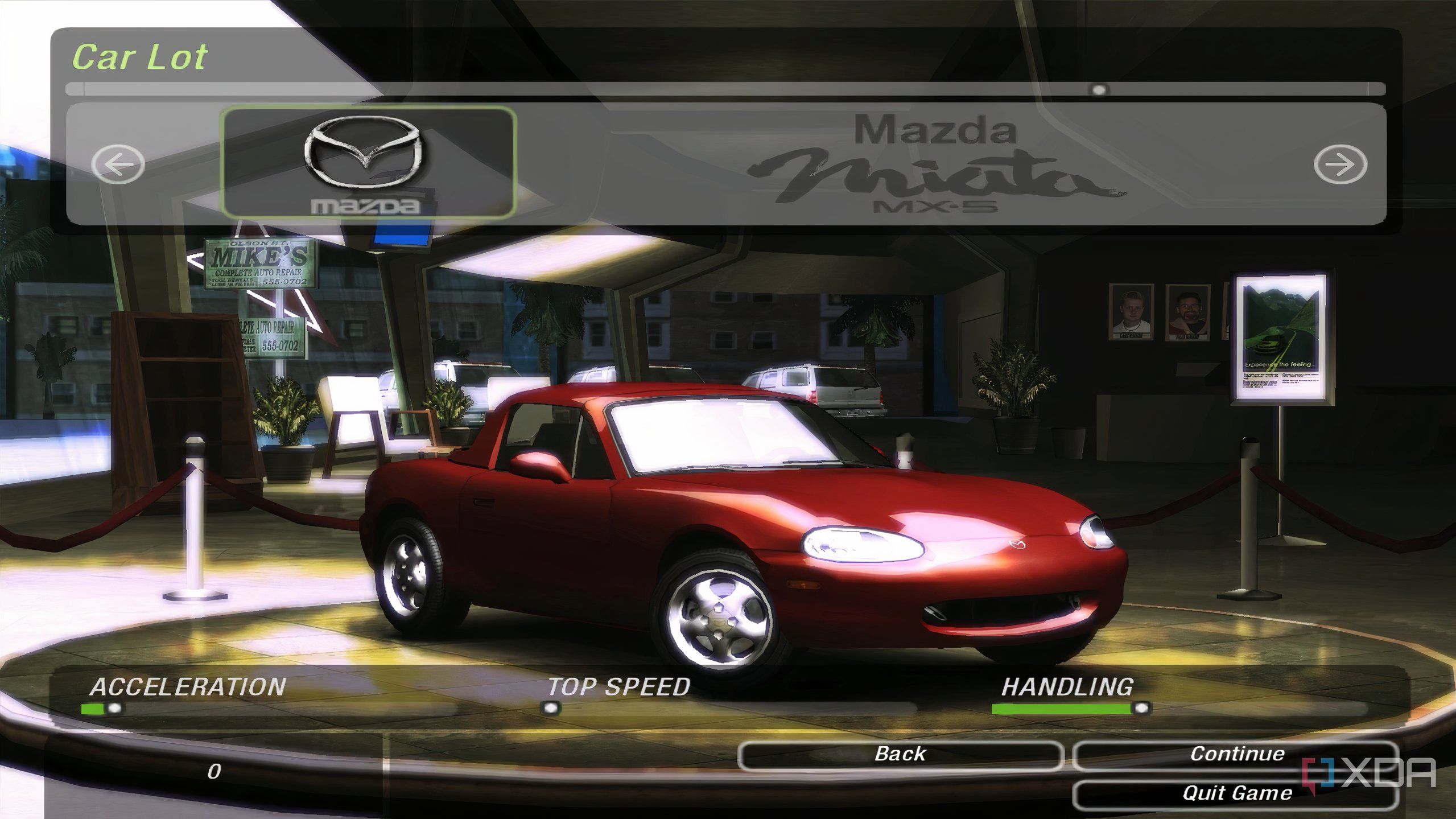 A screenshot from the game Need for Speed: Underground 2, showing the game's car-select screen, with a red Mazda Miata MX-5 on display.