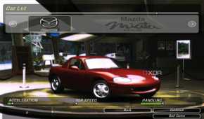 A screenshot from the game Need for Speed: Underground 2, showing the game's car-select screen, with a red Mazda Miata MX-5 on display.