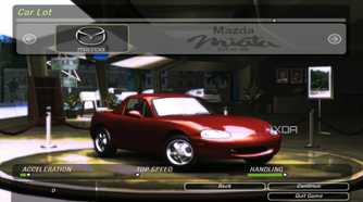 A screenshot from the game Need for Speed: Underground 2, showing the game's car-select screen, with a red Mazda Miata MX-5 on display.