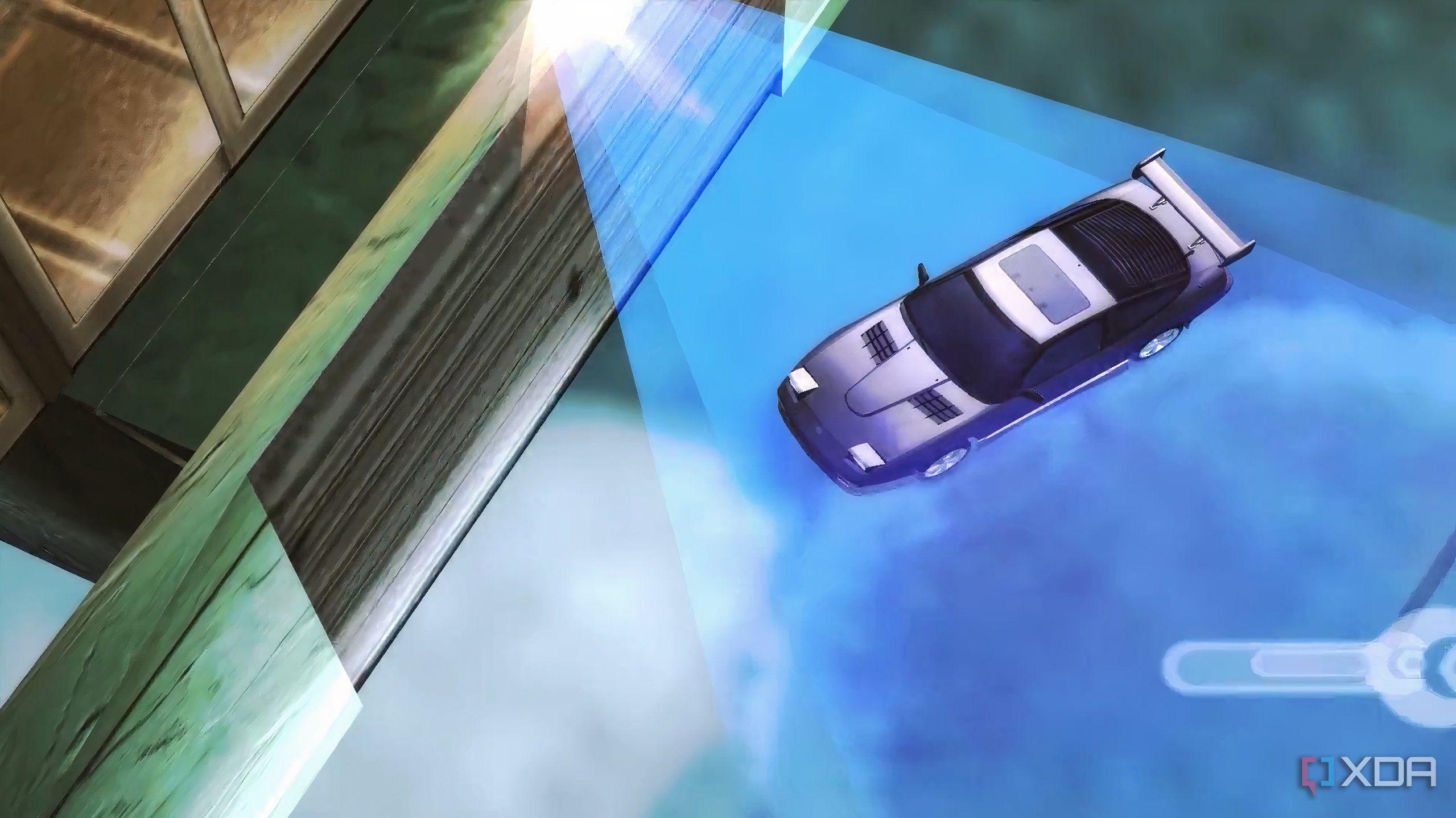 A screenshot from the game Need for Speed: Underground 2, showing a purple Nissan 240SX entering a garage.