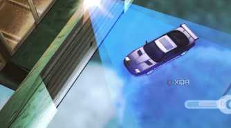 A screenshot from the game Need for Speed: Underground 2, showing a purple Nissan 240SX entering a garage.
