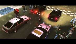 A screenshot from the game Need for Speed: Underground 2, showing cars readying up for a race.