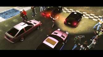 A screenshot from the game Need for Speed: Underground 2, showing cars readying up for a race.