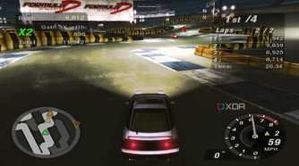 A screenshot from the game Need for Speed: Underground 2, showing a Nissan 240SX racing in the game at night.