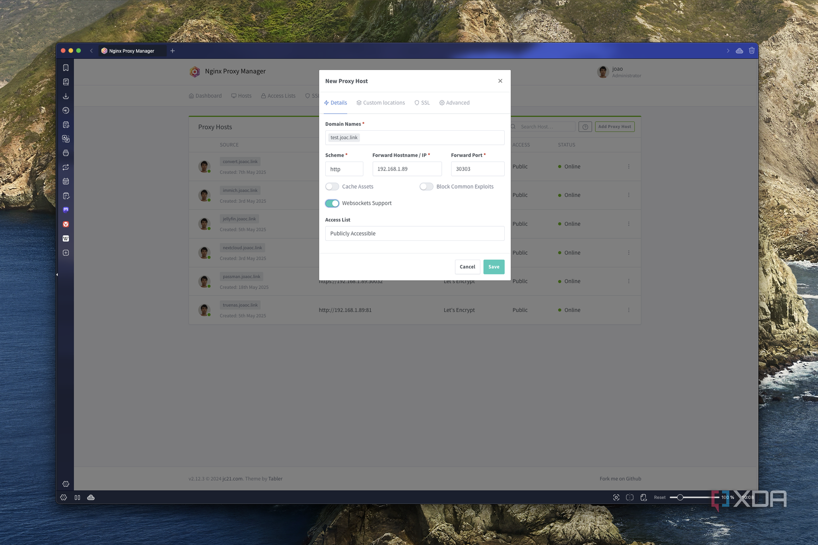 Screenshot of Nginx Proxy Manager creating a new proxy host