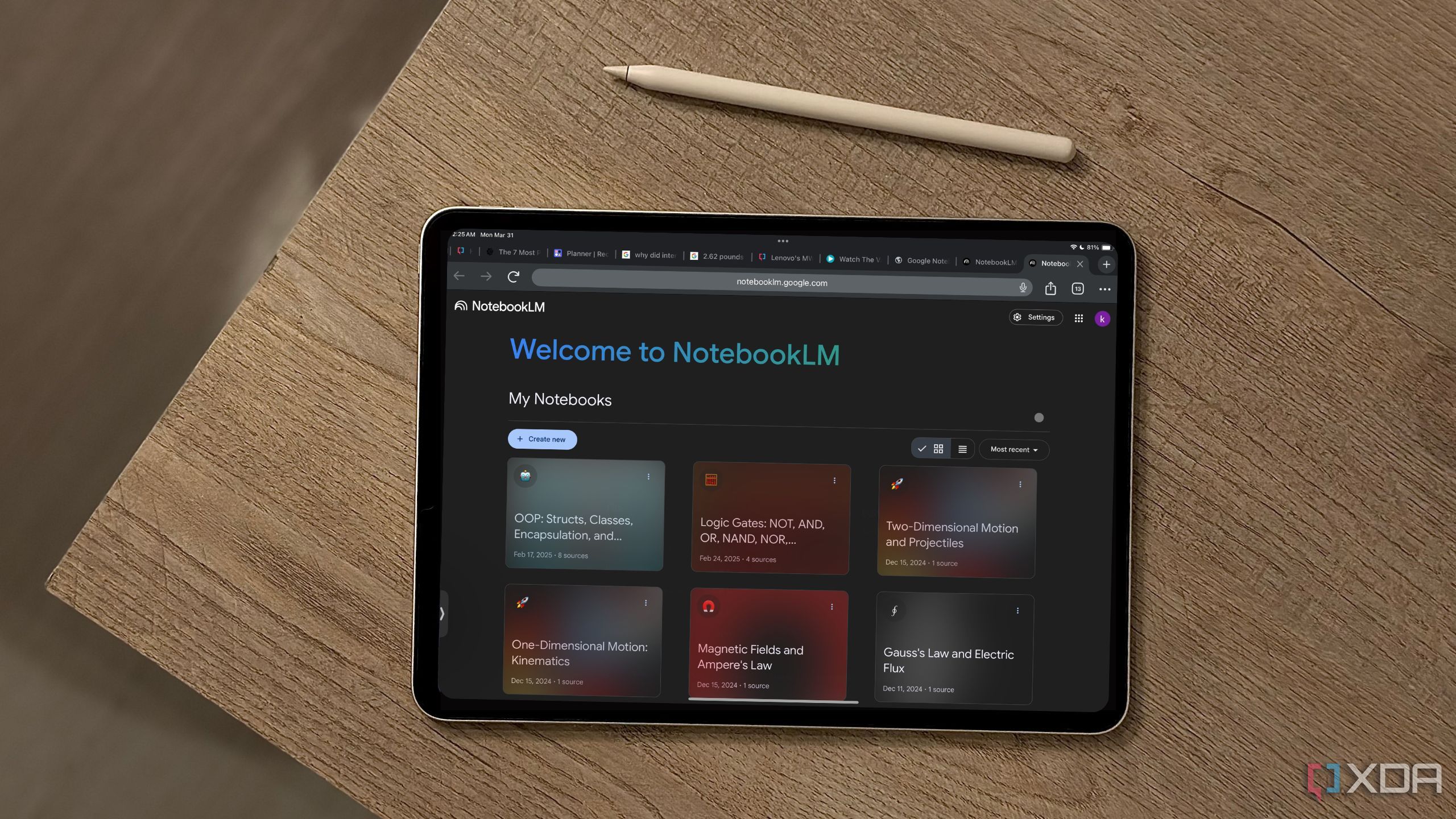 NotebookLM notebook displayed on an iPad next to a Apple Pencil