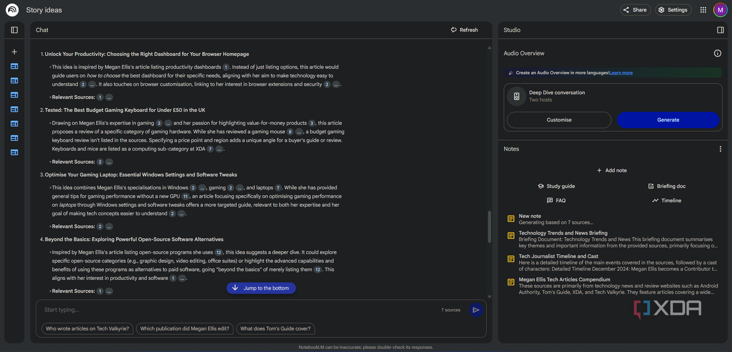 notebooklm with various notes generated in studio